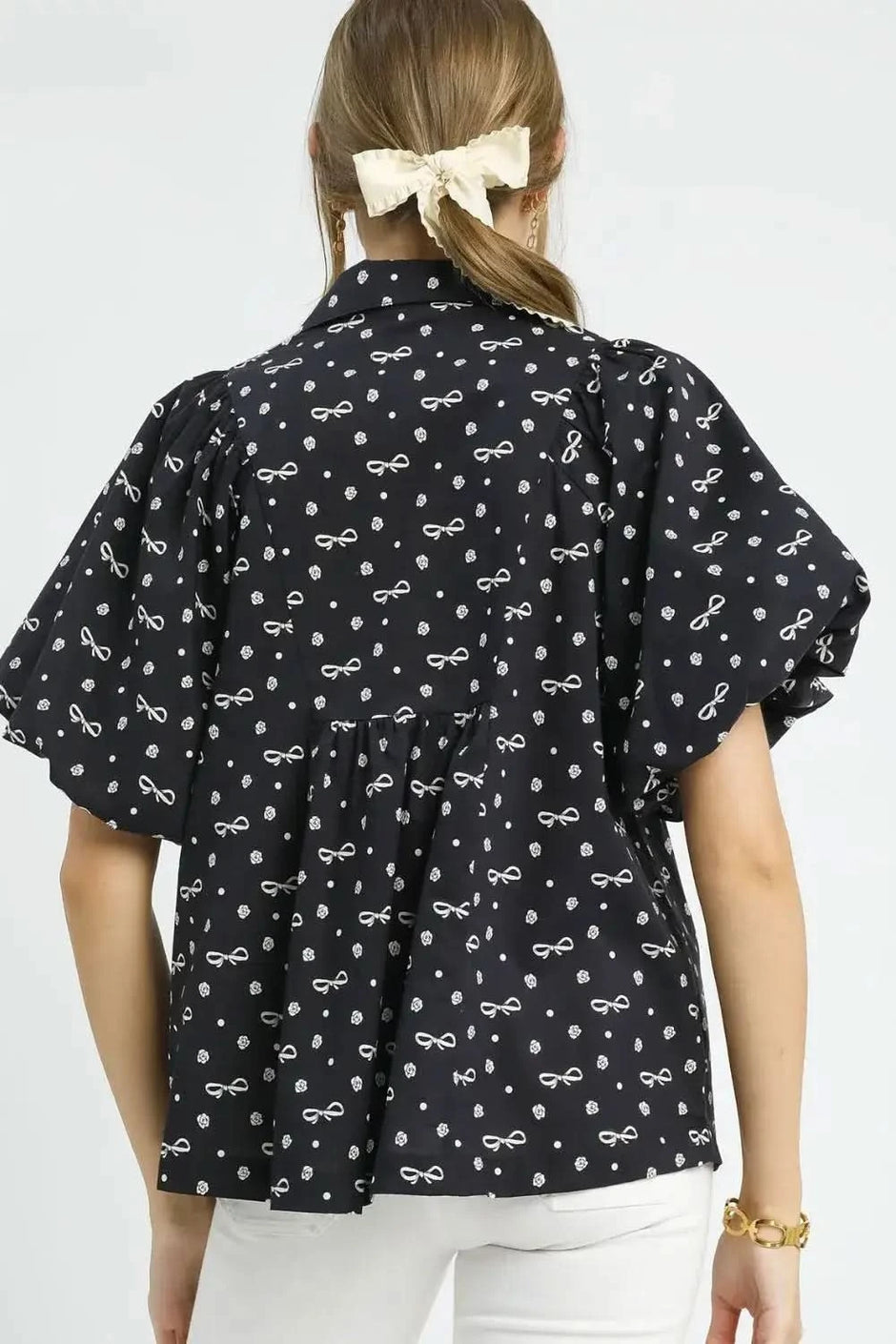 Umgee Bow Print Puff Sleeve Blouse - SwagglyLife Home & Fashion